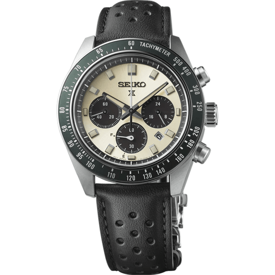 Seiko Prospex Speedtimer Solar Chronograph Stainless Steel Case Ivory Dial Green Bezel