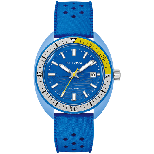 Bulova Snorkel "Blue Tang Fish" Blue Dial White & Yellow Bezel Blue Ceramic Case Quartz Watch