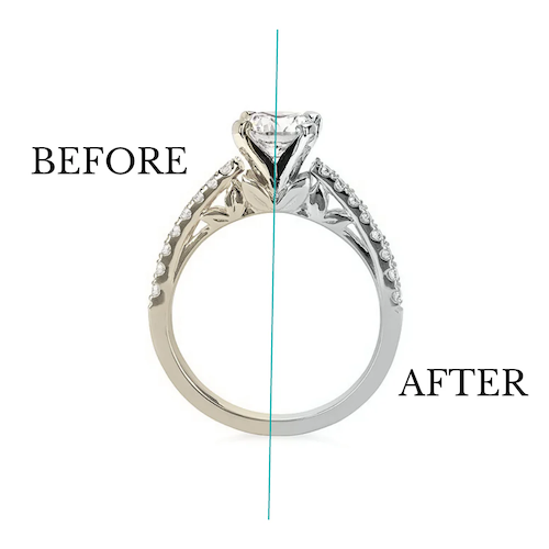 before and after of a rhodium-plated ring