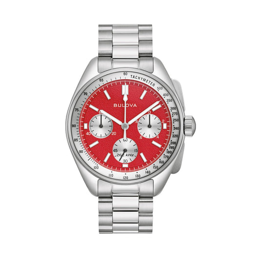 Bulova Bulova Lunar Pilot Chronograph Red Dial Stainless Steel and Leather Bracelet