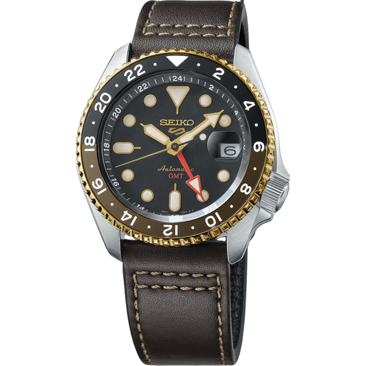 Seiko Seiko 5 Two Tone Stainless Steel Blue Dial Black Bezel Automatic GMT Watch with Brown Leather Strap